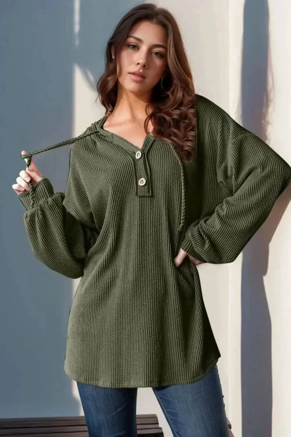 Double Take Full Size Half Button Long Sleeve Hoodie - Bad Moms Club