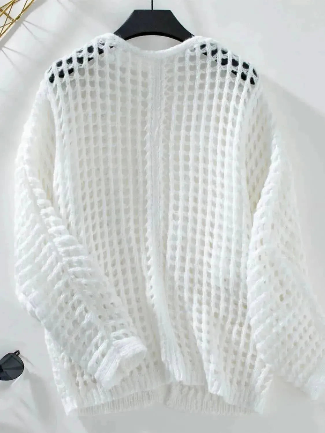 Openwork Open Front Long Sleeve Cardigan - Bad Moms Club