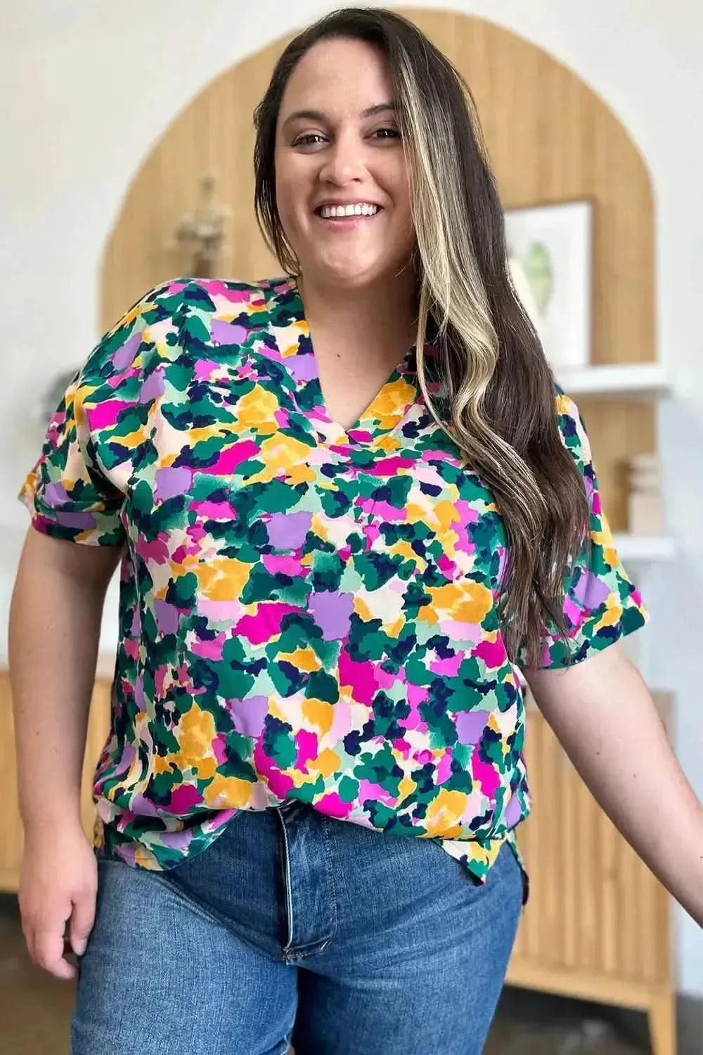Double Take Full Size Printed V-Neck Short Sleeve Side Slit Top - Bad Moms Club