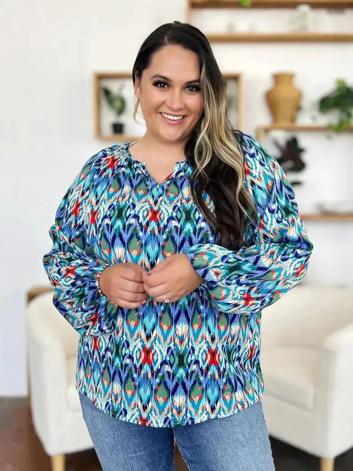Double Take Full Size Printed Balloon Sleeve Blouse - Bad Moms Club