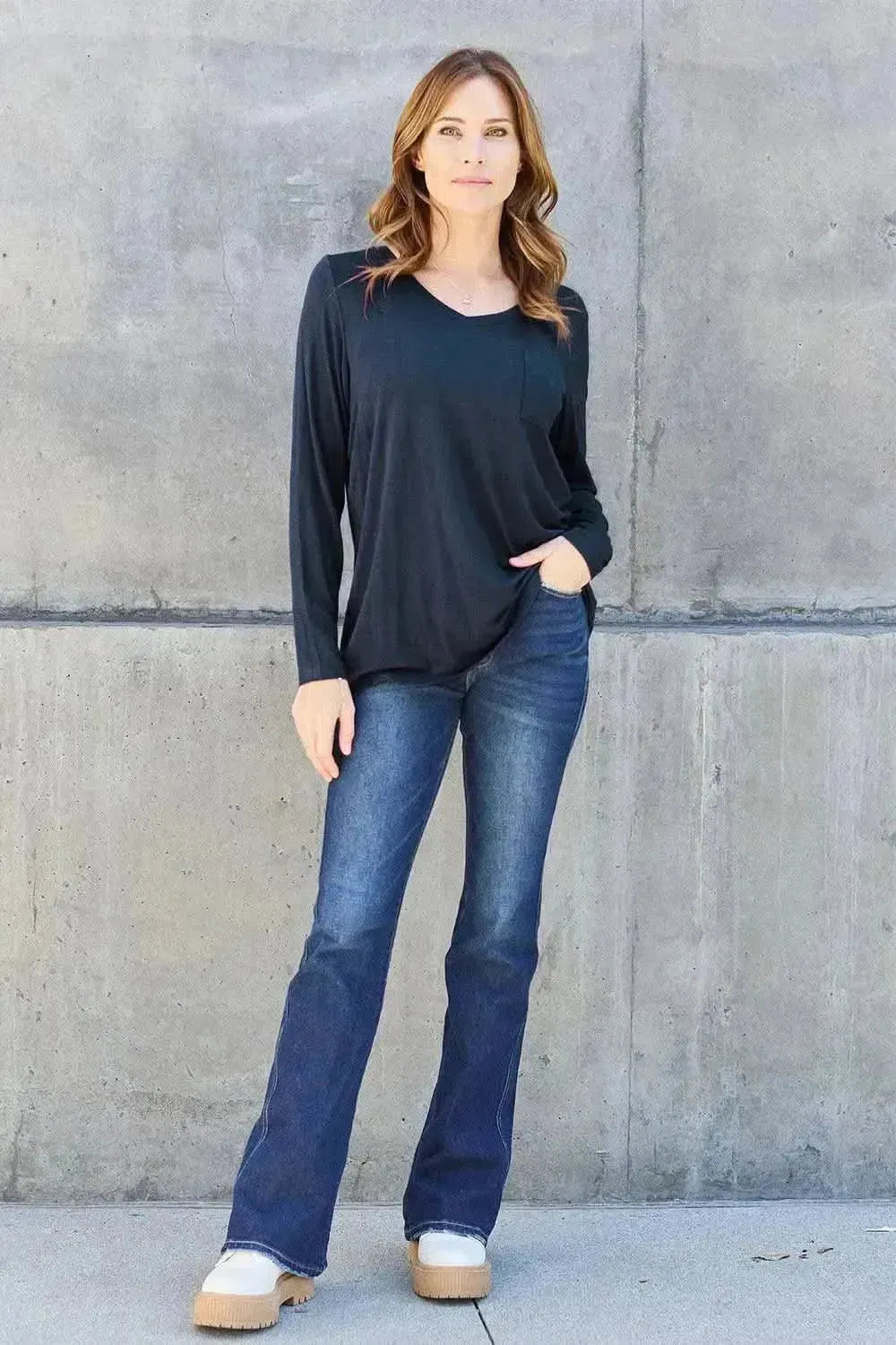 Basic Bae Full Size V-Neck Long Sleeve Top - Bad Moms Club