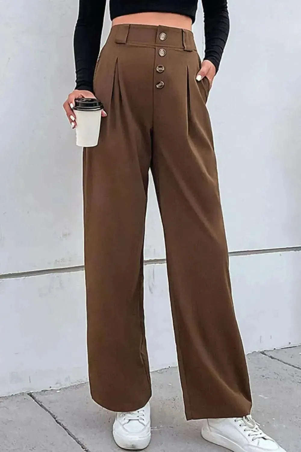 Perfee Button-Fly Pleated Waist Wide Leg Pants with Pockets - Bad Moms Club