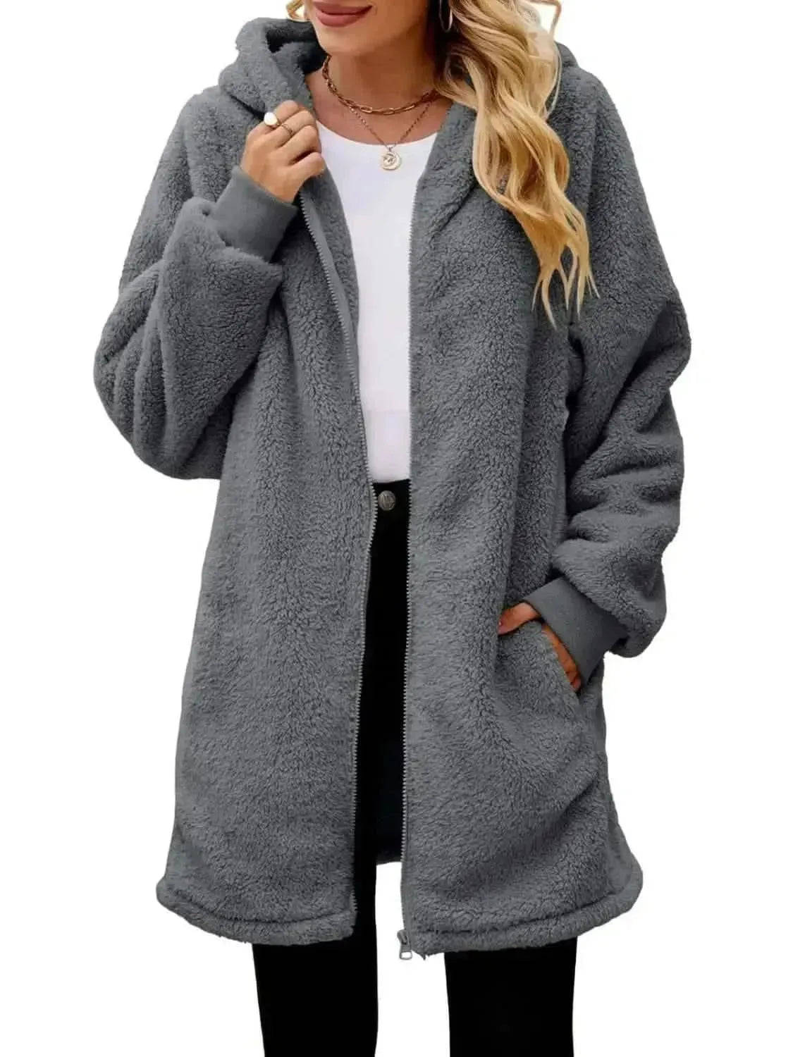 Fuzzy Pocketed Zip Up Long Sleeve Hooded Jacket - Bad Moms Club