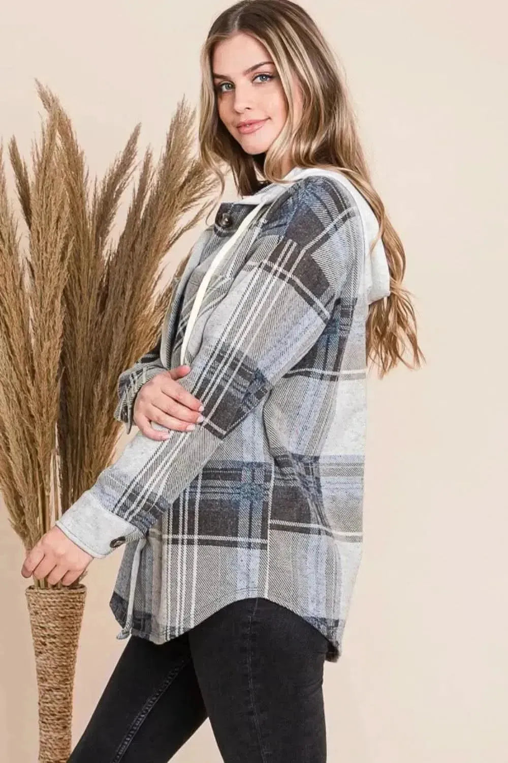 Reborn J Plaid Button Up Drawstring Hooded Jacket - Bad Moms Club