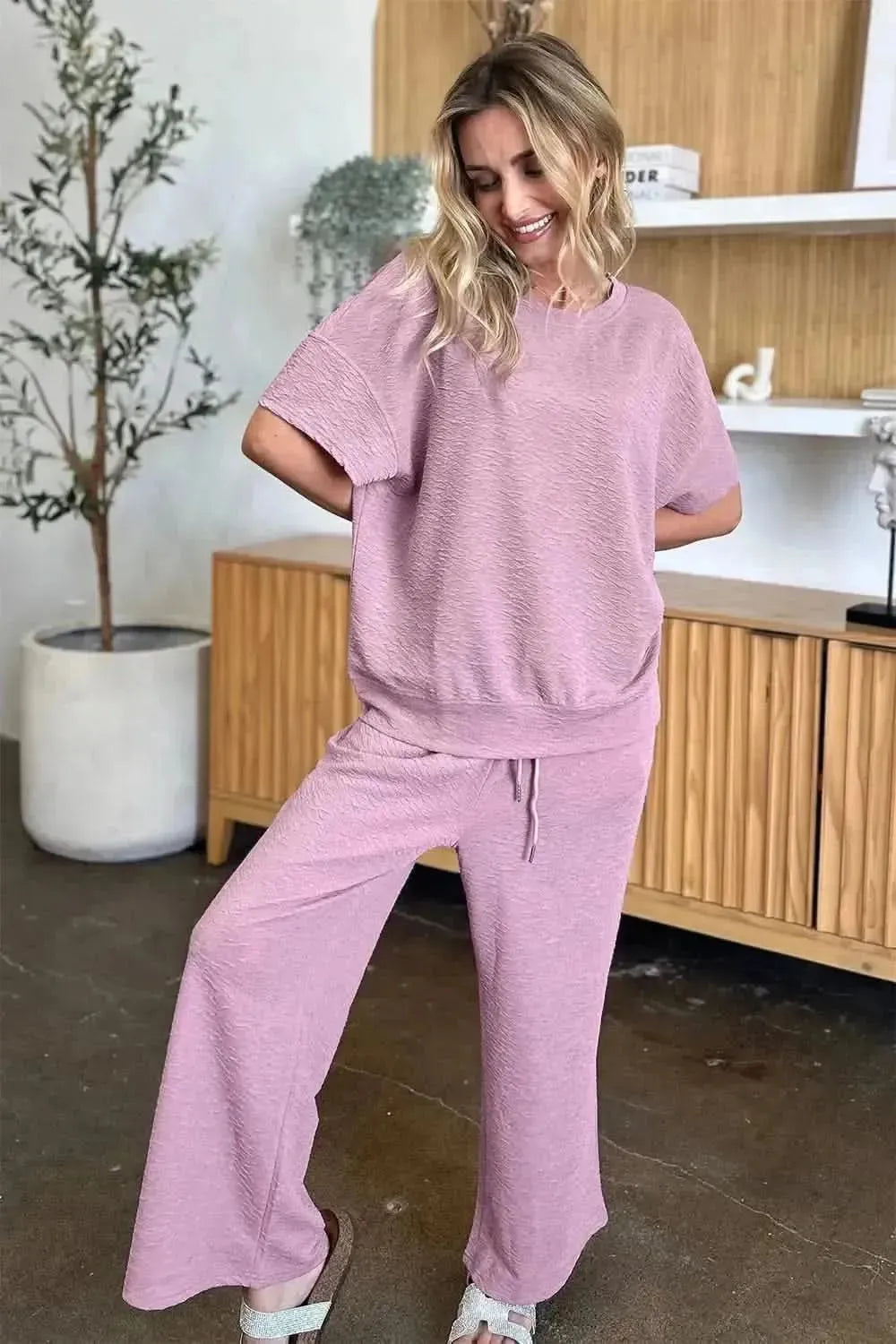Double Take Full Size Texture Short Sleeve Top and Pants Set - Bad Moms Club