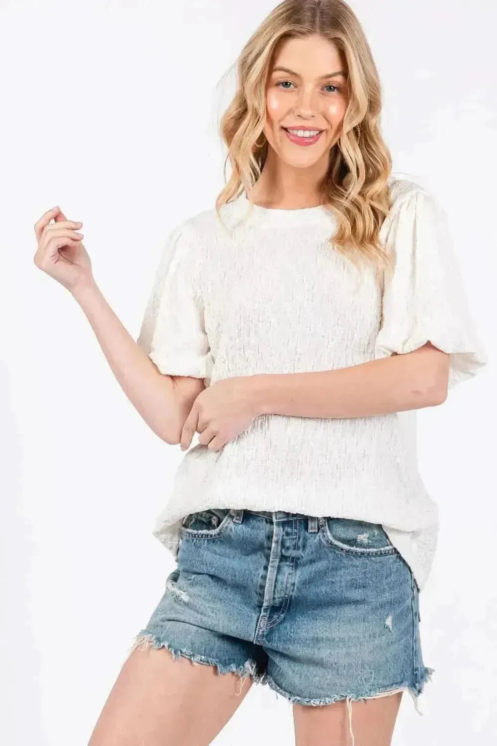 Ces Femme Textured Puff Sleeve Top - Bad Moms Club