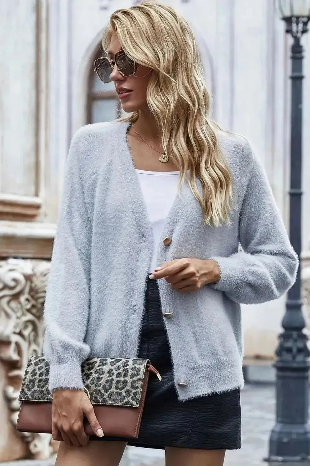 Fuzzy Long Sleeve Button Down Cardigan - Bad Moms Club