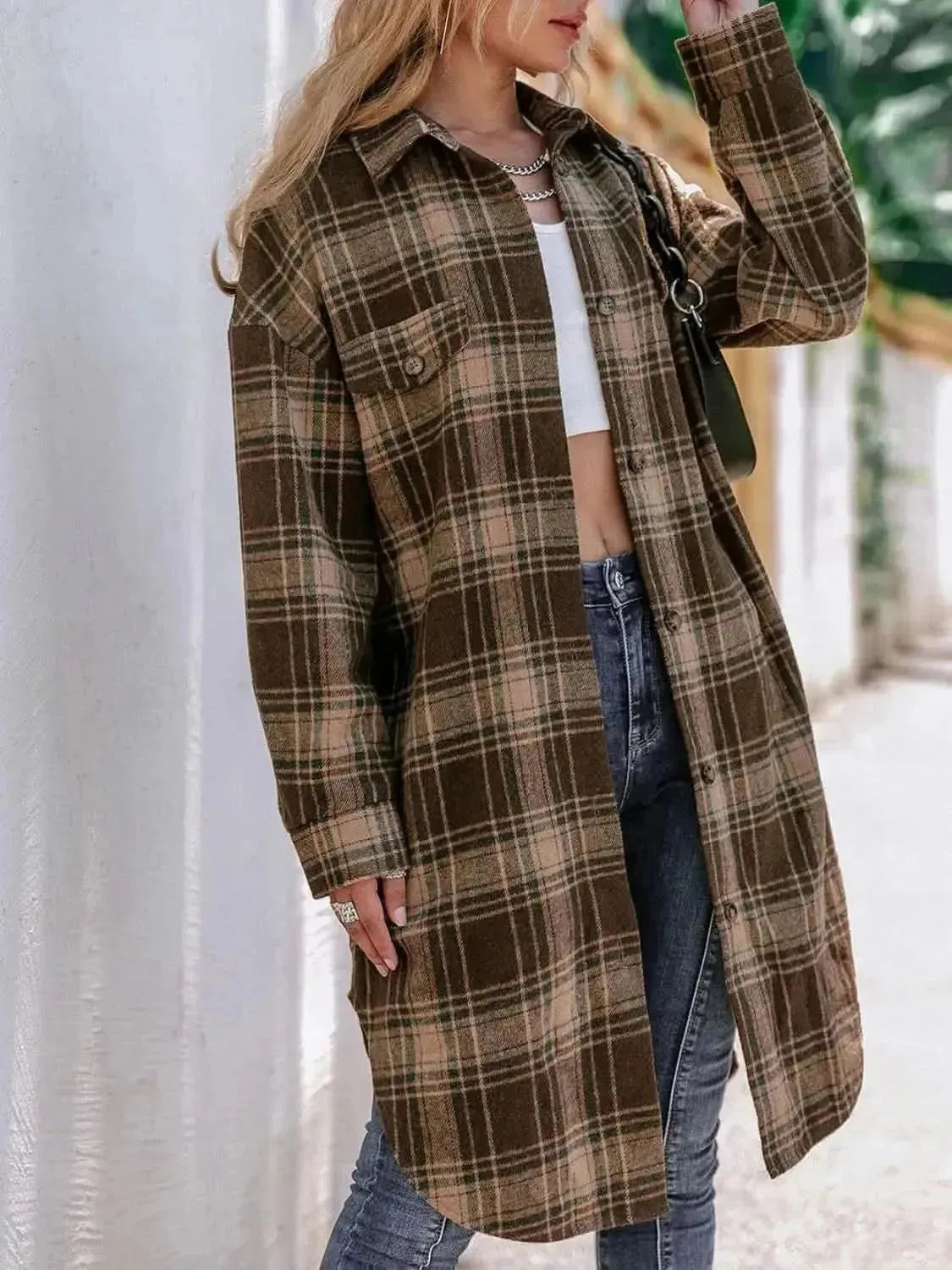 Plaid Button Up Long Sleeve Shacket - Bad Moms Club