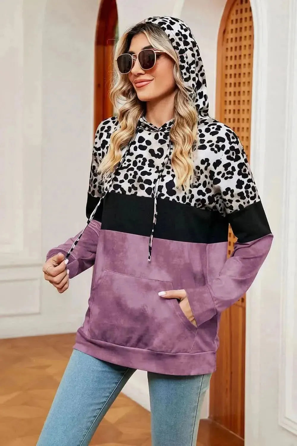 Leopard Drawstring Hoodie with Pocket - Bad Moms Club