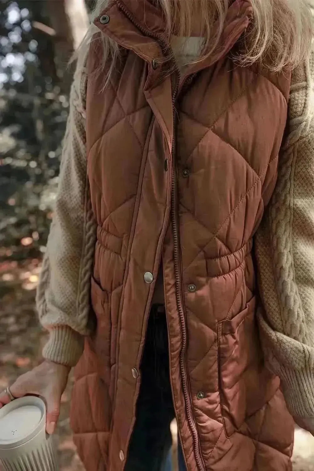 Pocketed Zipper and Button Vest Coat - Bad Moms Club