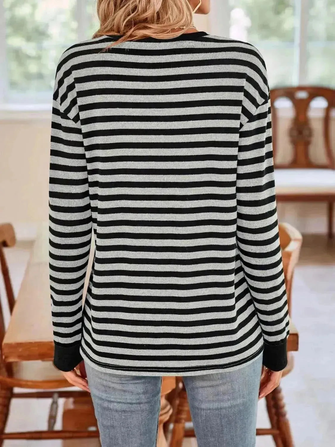 Striped Round Neck Long Sleeve T-Shirt - Bad Moms Club