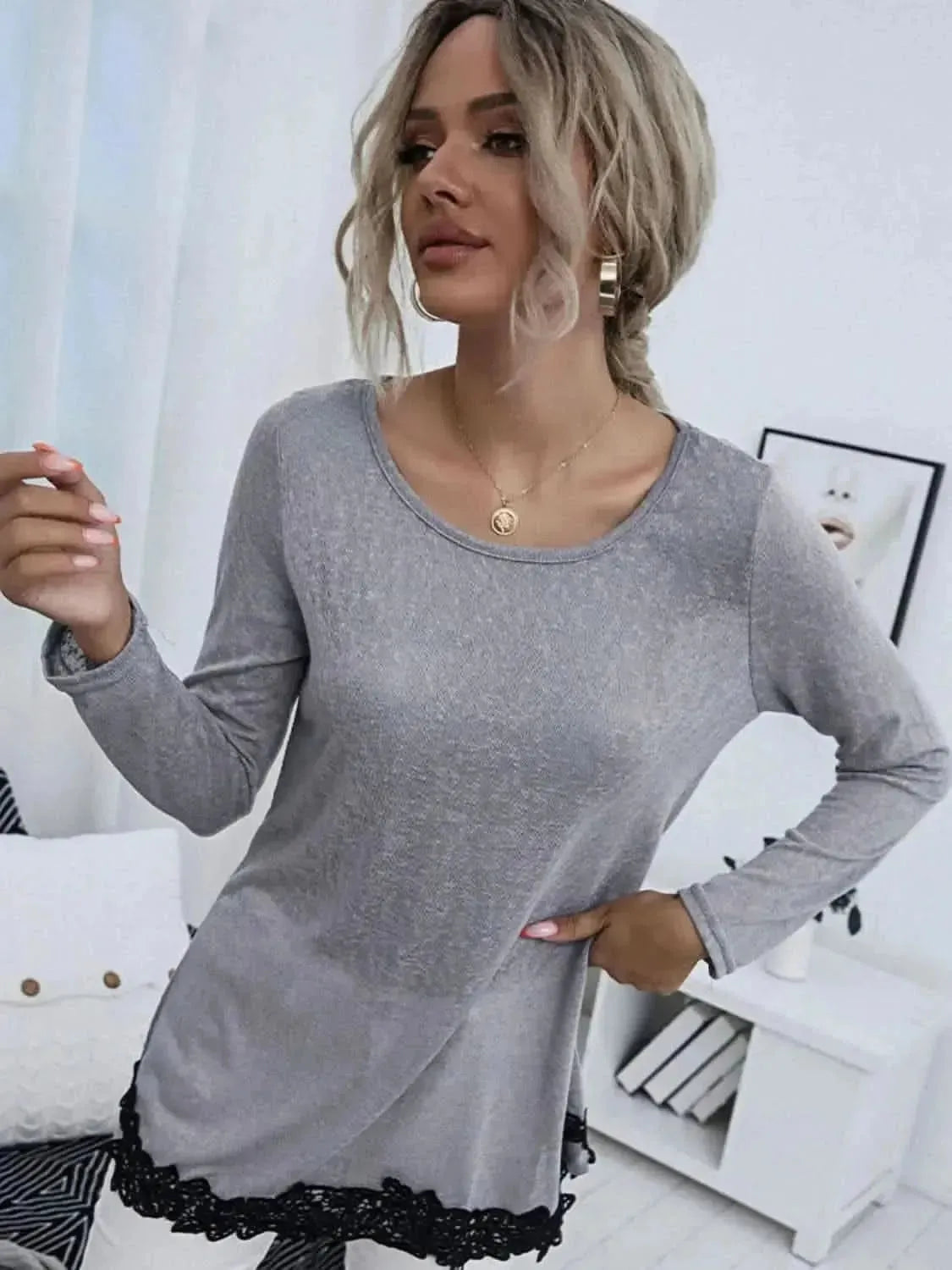 Shiny Spliced Lace Contrast Round Neck Top - Bad Moms Club
