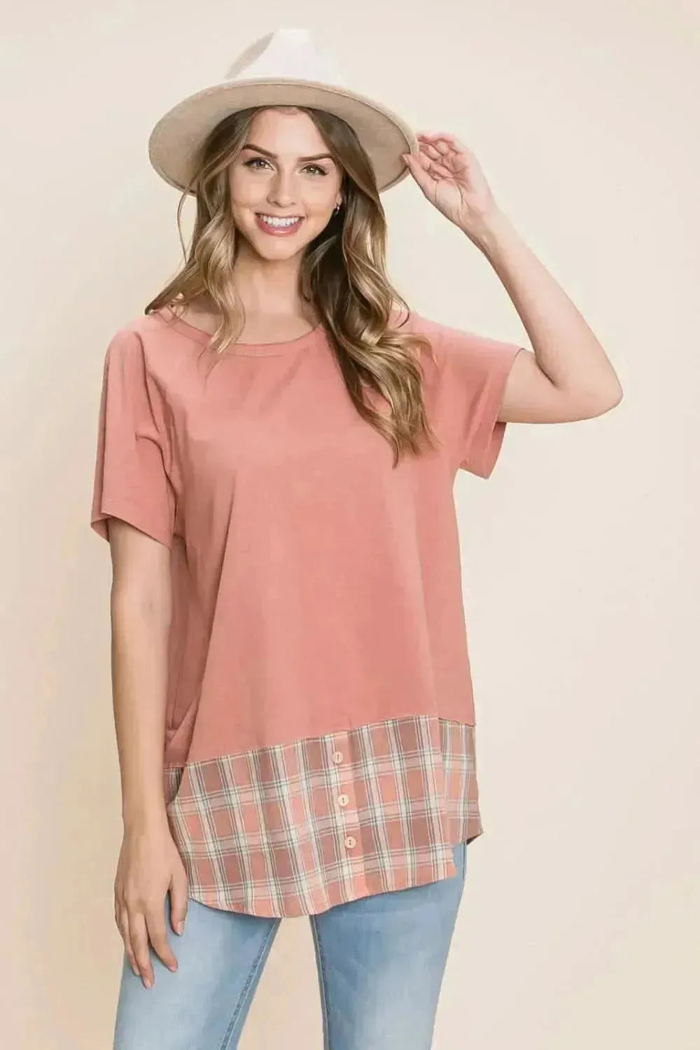 Cotton Bleu by Nu Lab Plaid Contrast Short Sleeve T-Shirt - Bad Moms Club