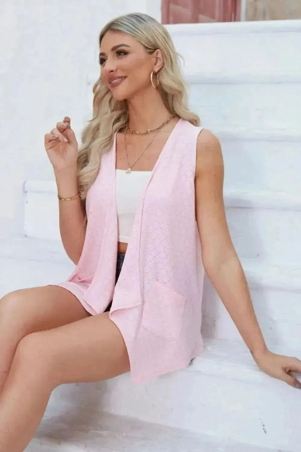 Eyelet Open Front Sleeveless Cardigan - Bad Moms Club