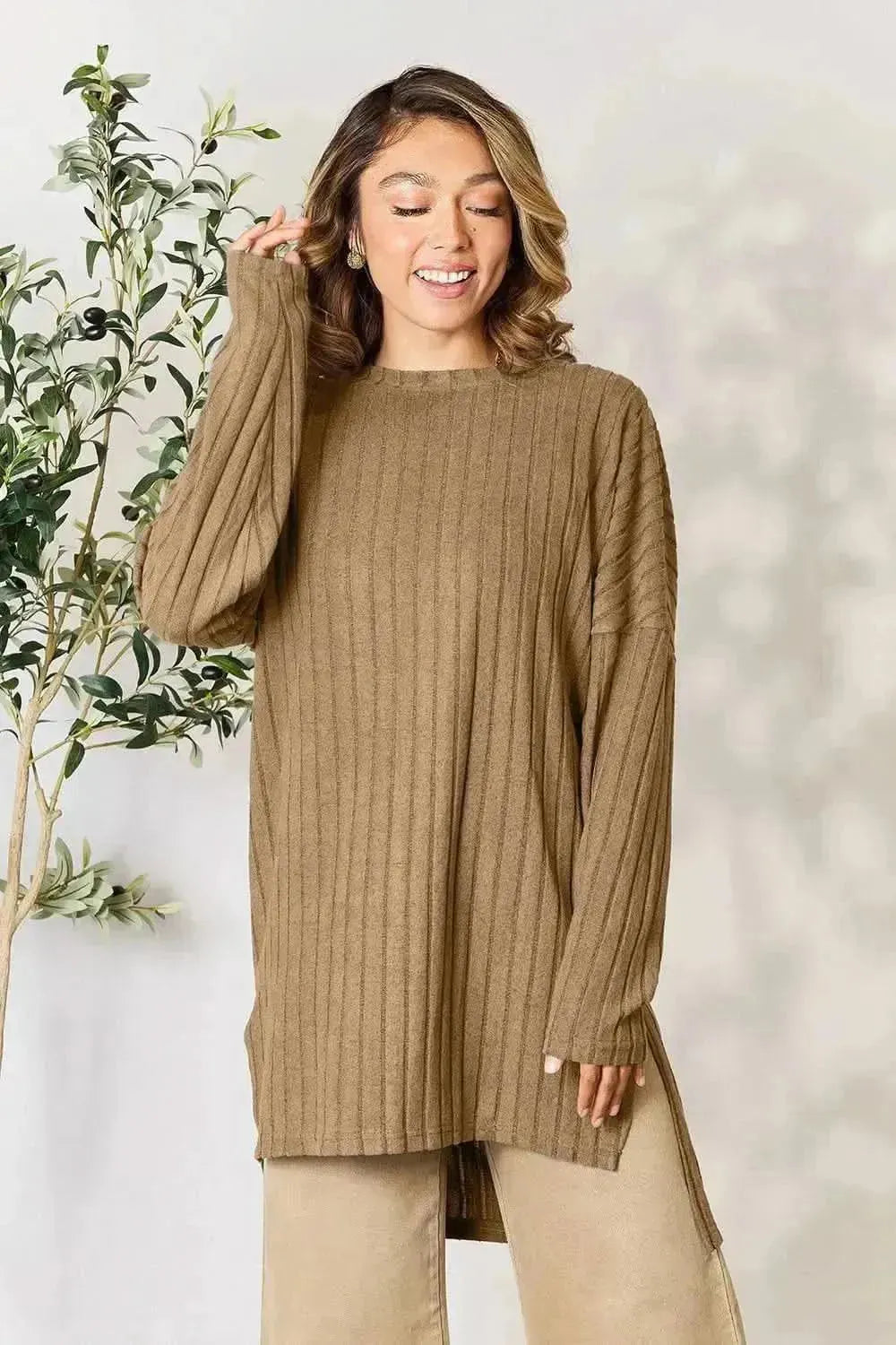 Basic Bae Full Size Ribbed Round Neck Long Sleeve Slit Top - Bad Moms Club