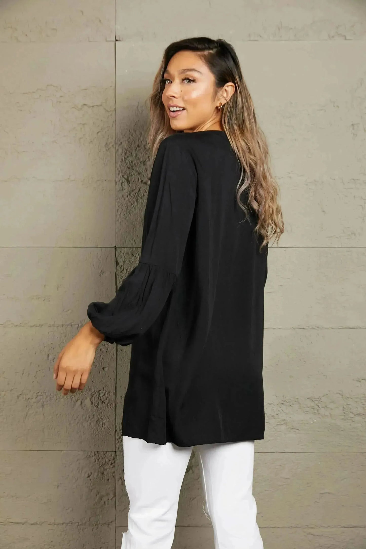 Ivy Lane Notched Neck Balloon Sleeve Shirt - Bad Moms Club