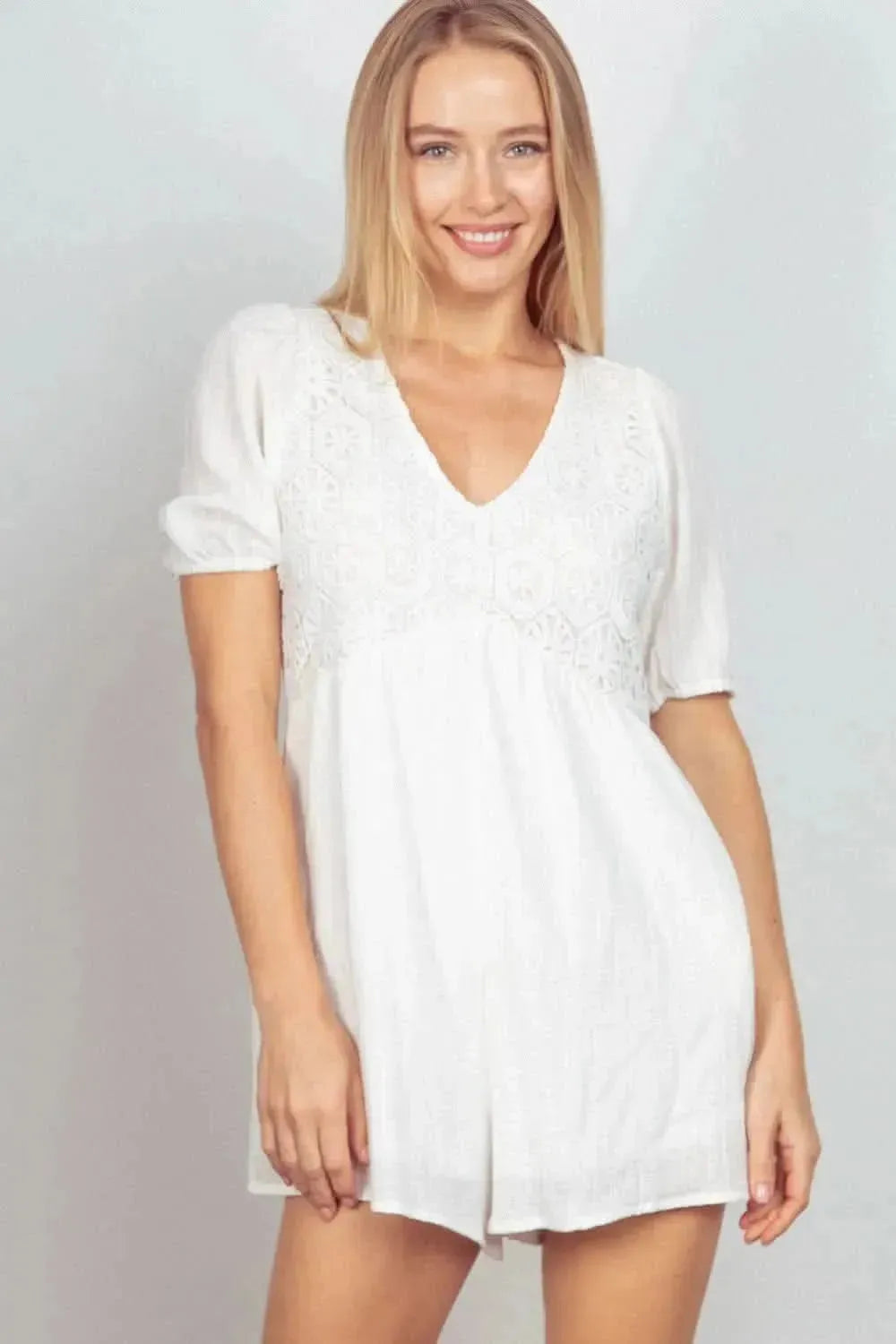 VERY J Lace Detail Puff Sleeve Romper with Pockets - Bad Moms Club