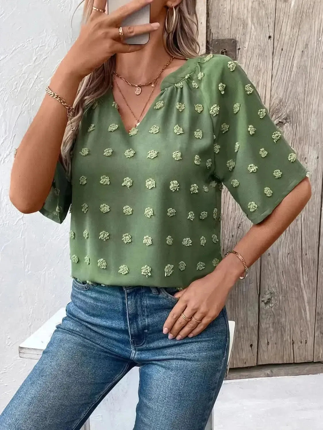 Ivy Lane Swiss Dot Notched Half Sleeve Blouse - Bad Moms Club