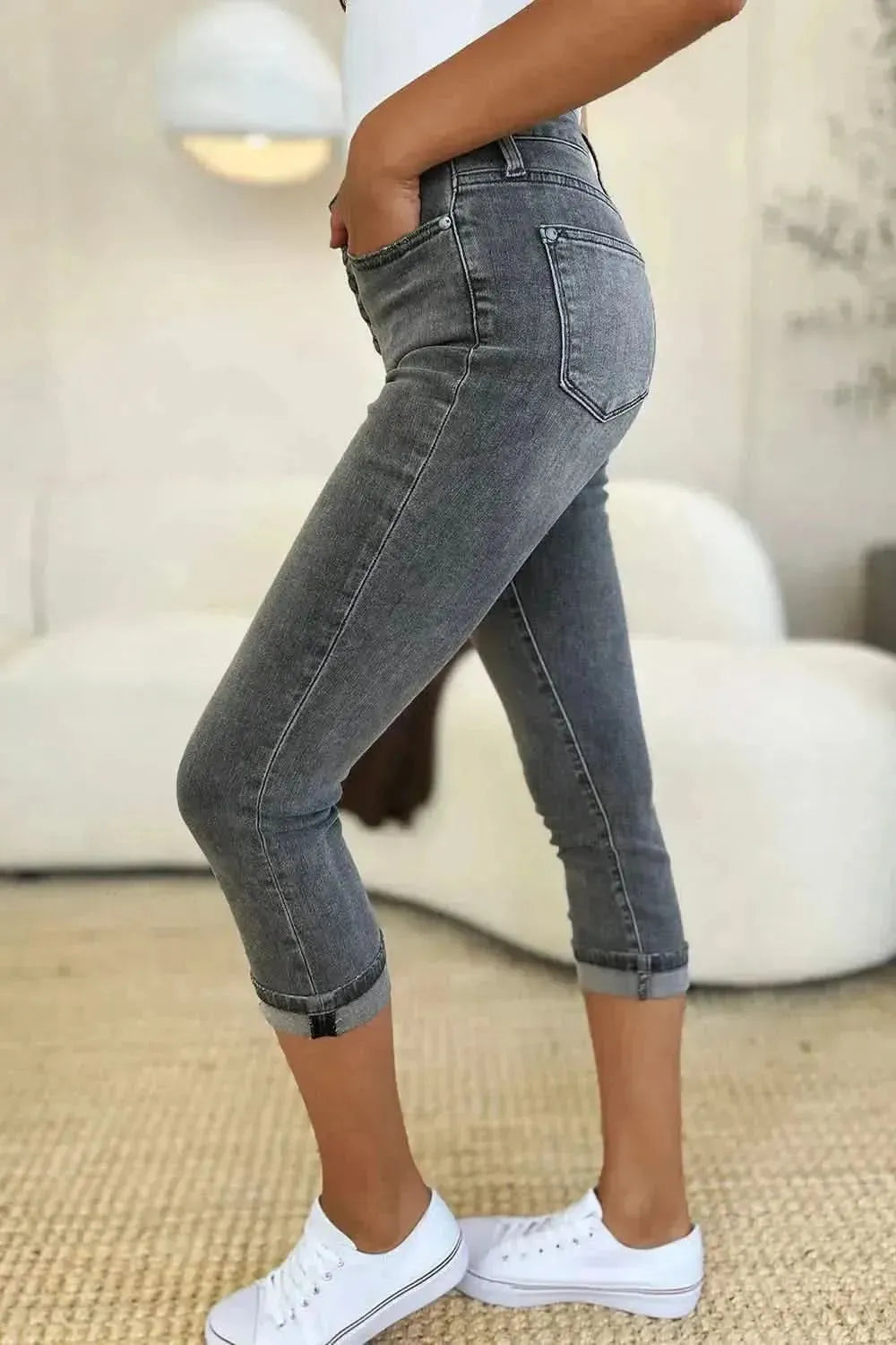 Judy Blue Full Size Button Fly High Waist Cuffed Capris - Bad Moms Club