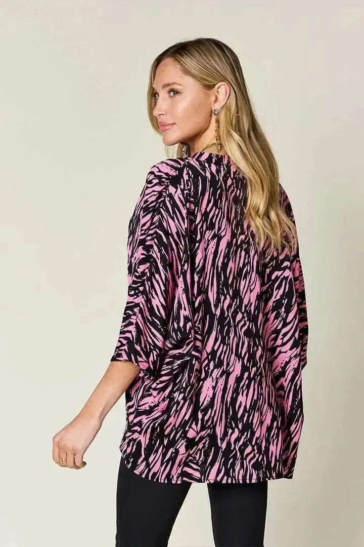 Double Take Full Size Printed Notched Three-Quarter Sleeve Blouse - Bad Moms Club