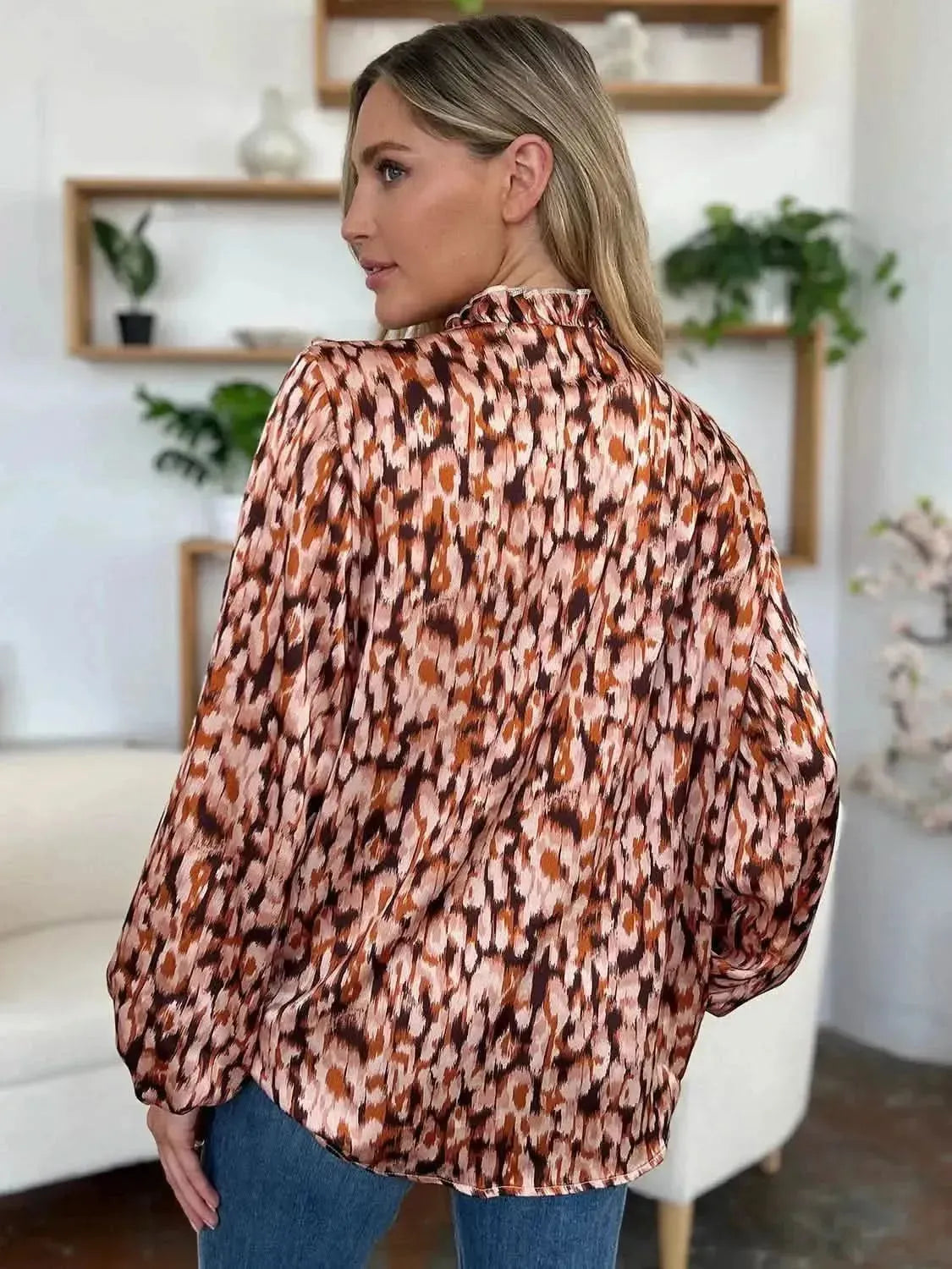 Double Take Full Size Printed Ruffle Trim Balloon Sleeve Shirt - Bad Moms Club
