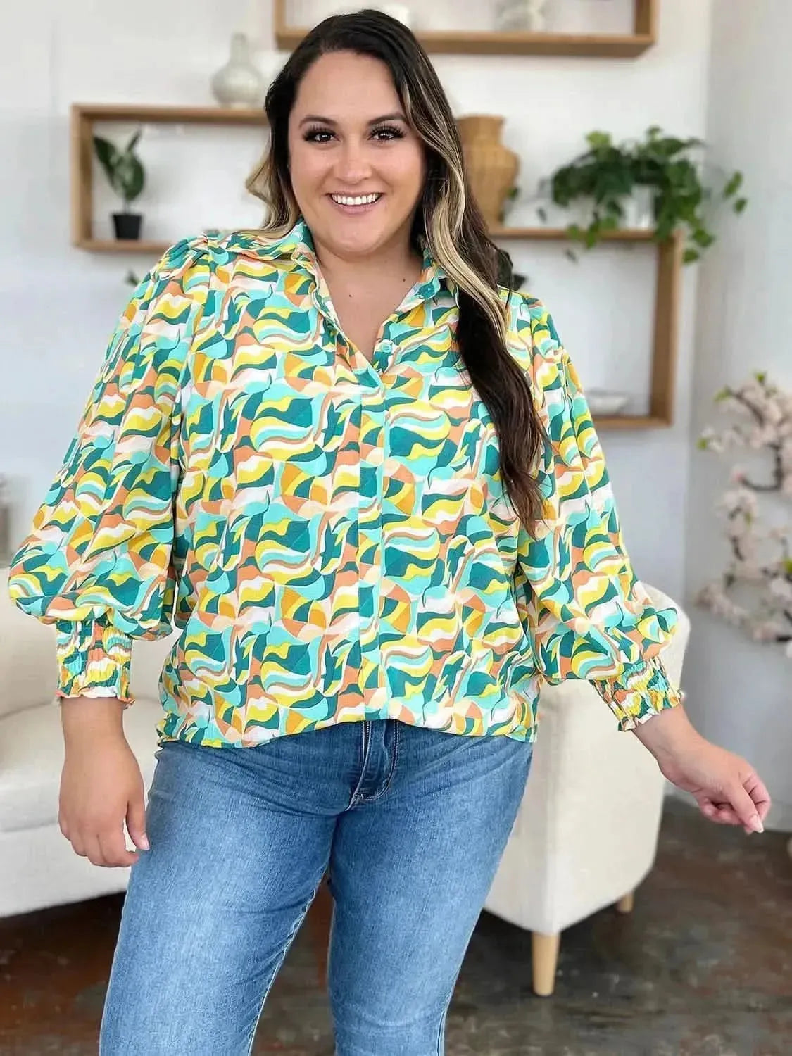 Double Take Full Size Printed Smocked Long Sleeve Blouse - Bad Moms Club