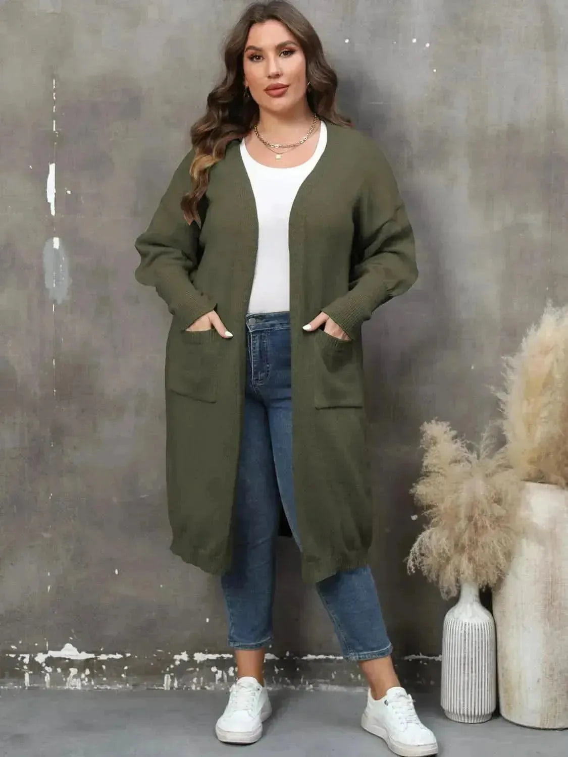 Plus Size Long Sleeve Pocketed Cardigan - Bad Moms Club