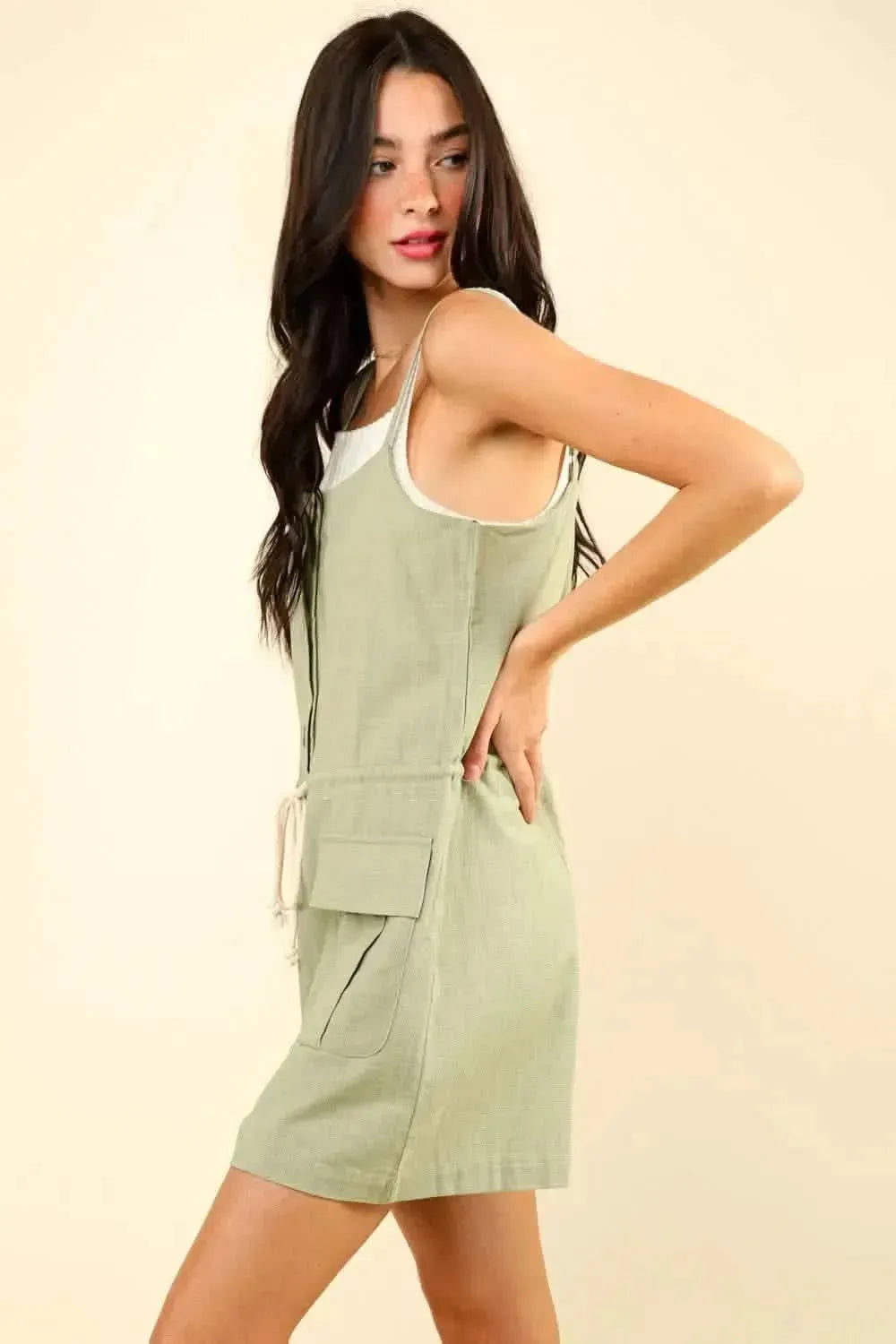 VERY J Half Button Drawstring Sleeveless Romper - Bad Moms Club