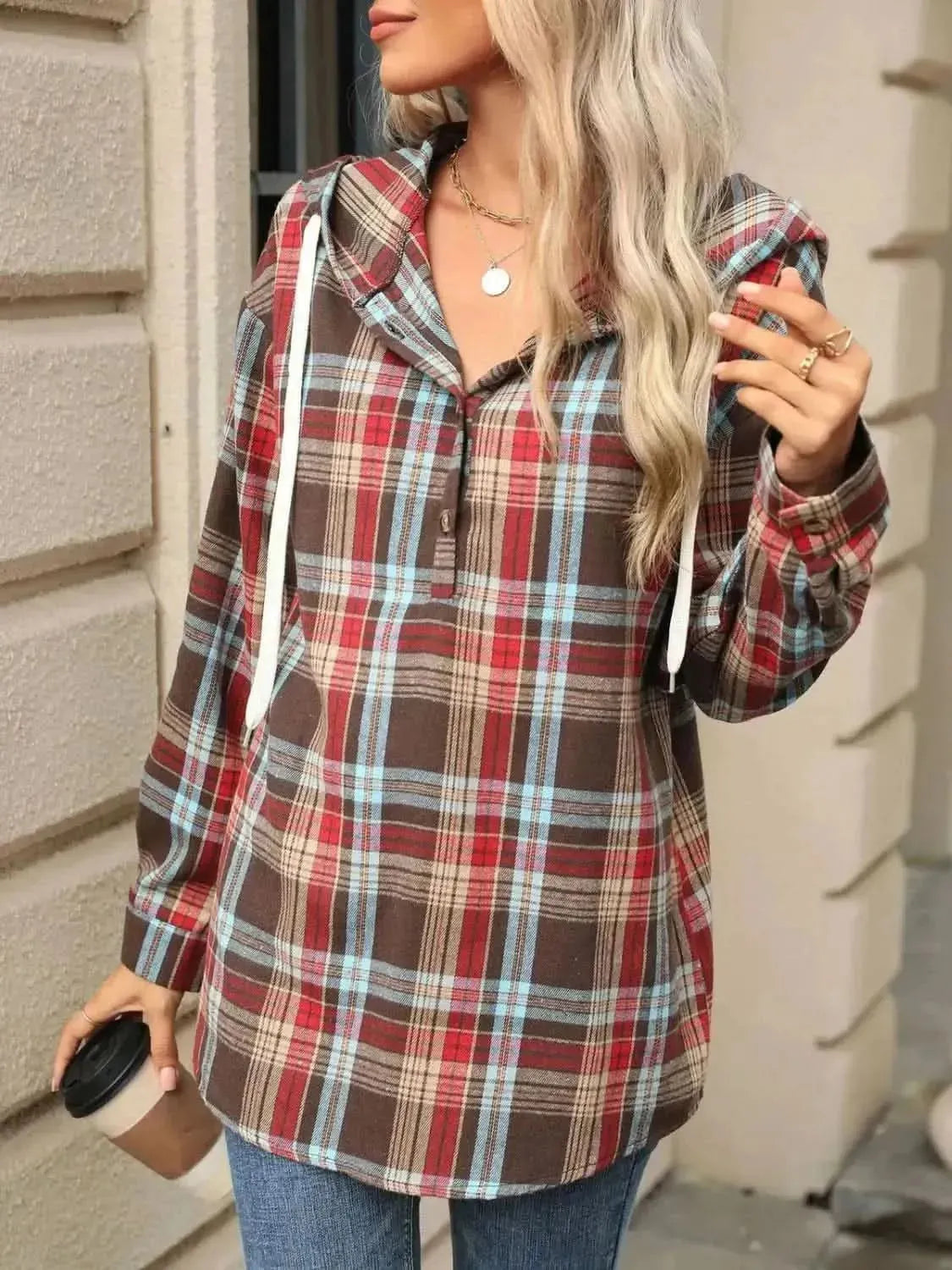 Drawstring Plaid Hooded Long Sleeve Top - Bad Moms Club