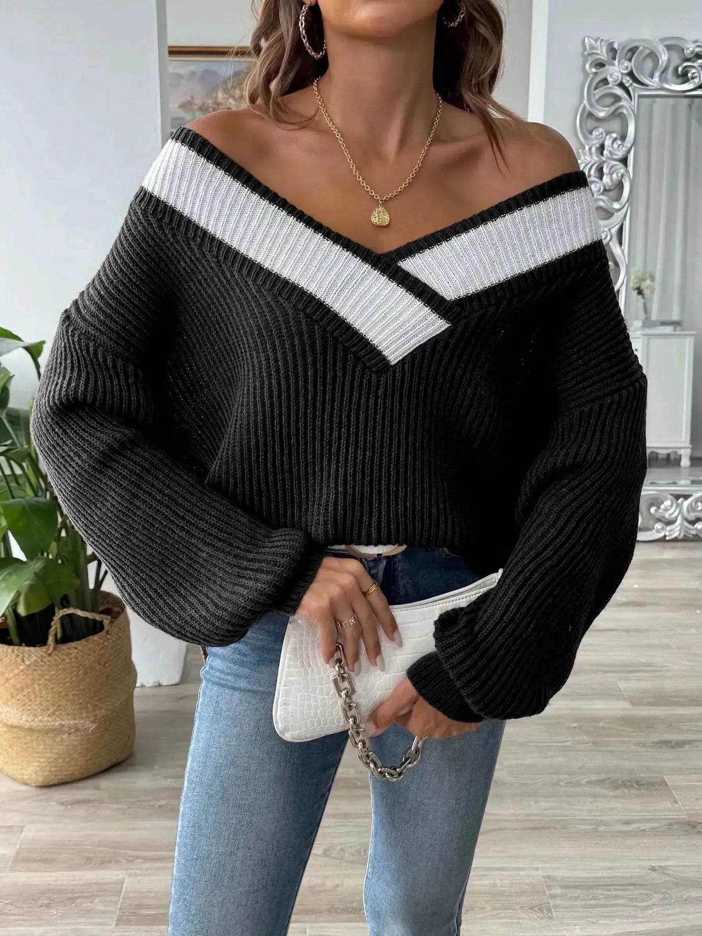 Contrast Dropped Shoulder Long Sleeve Sweater - Bad Moms Club