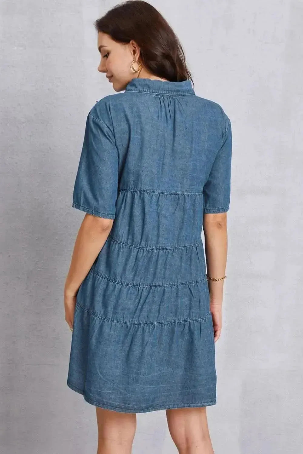Button Up Collared Neck Tiered Denim Dress - Bad Moms Club