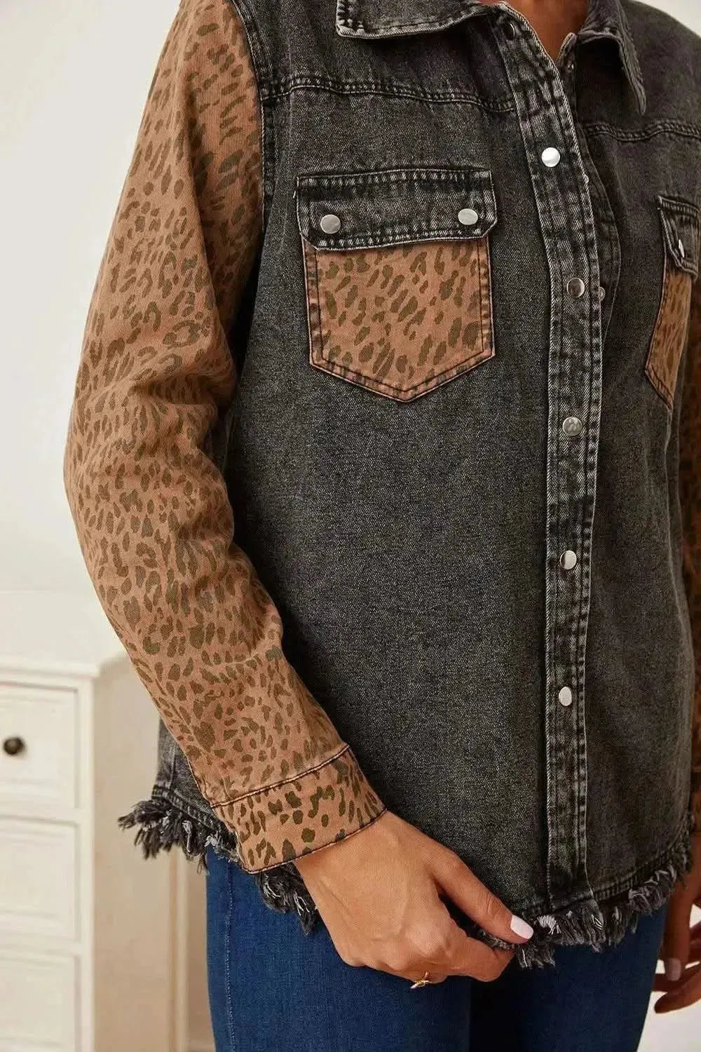 MeiMei Leopard Raw Hem Pocketed Denim Jacket - Bad Moms Club