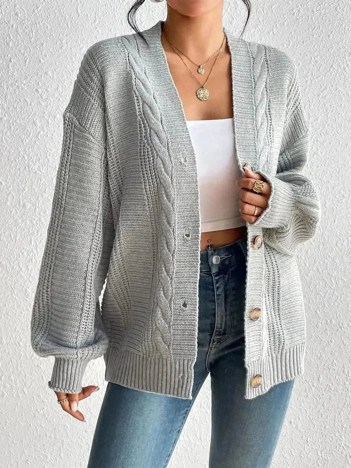 Cable-Knit Button Down Cardigan - Bad Moms Club