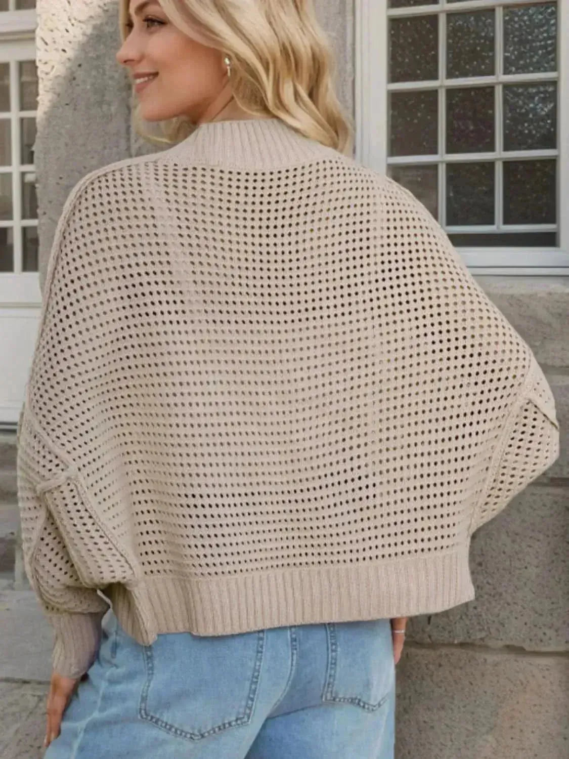 Openwork Open Front Long Sleeve Cardigan - Bad Moms Club