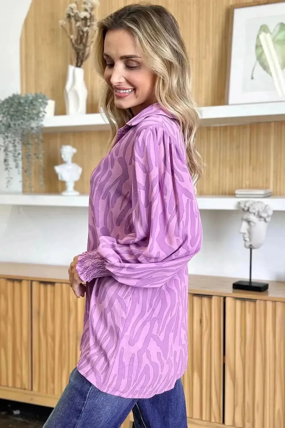 Double Take Full Size Printed Smocked Long Sleeve Blouse - Bad Moms Club