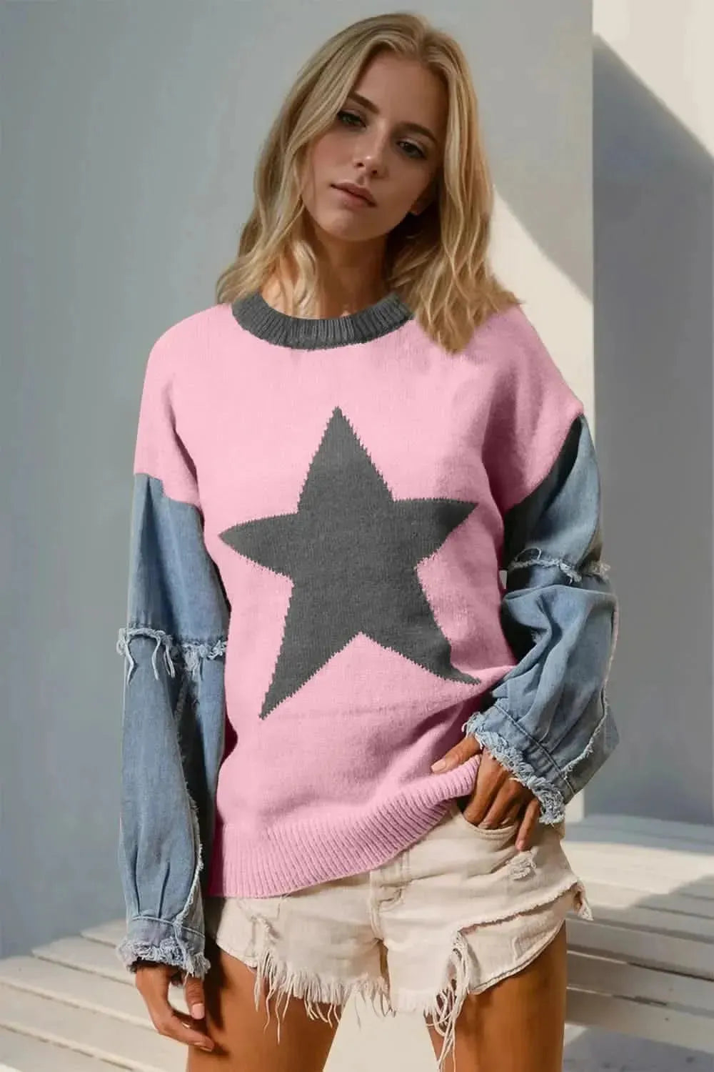 Double Take Full Size Star Pattern Raw Edge Long Sleeve Sweater - Bad Moms Club