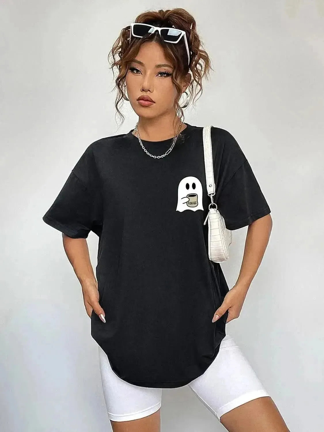 Round Neck Short Sleeve Ghost Graphic T-Shirt - Bad Moms Club