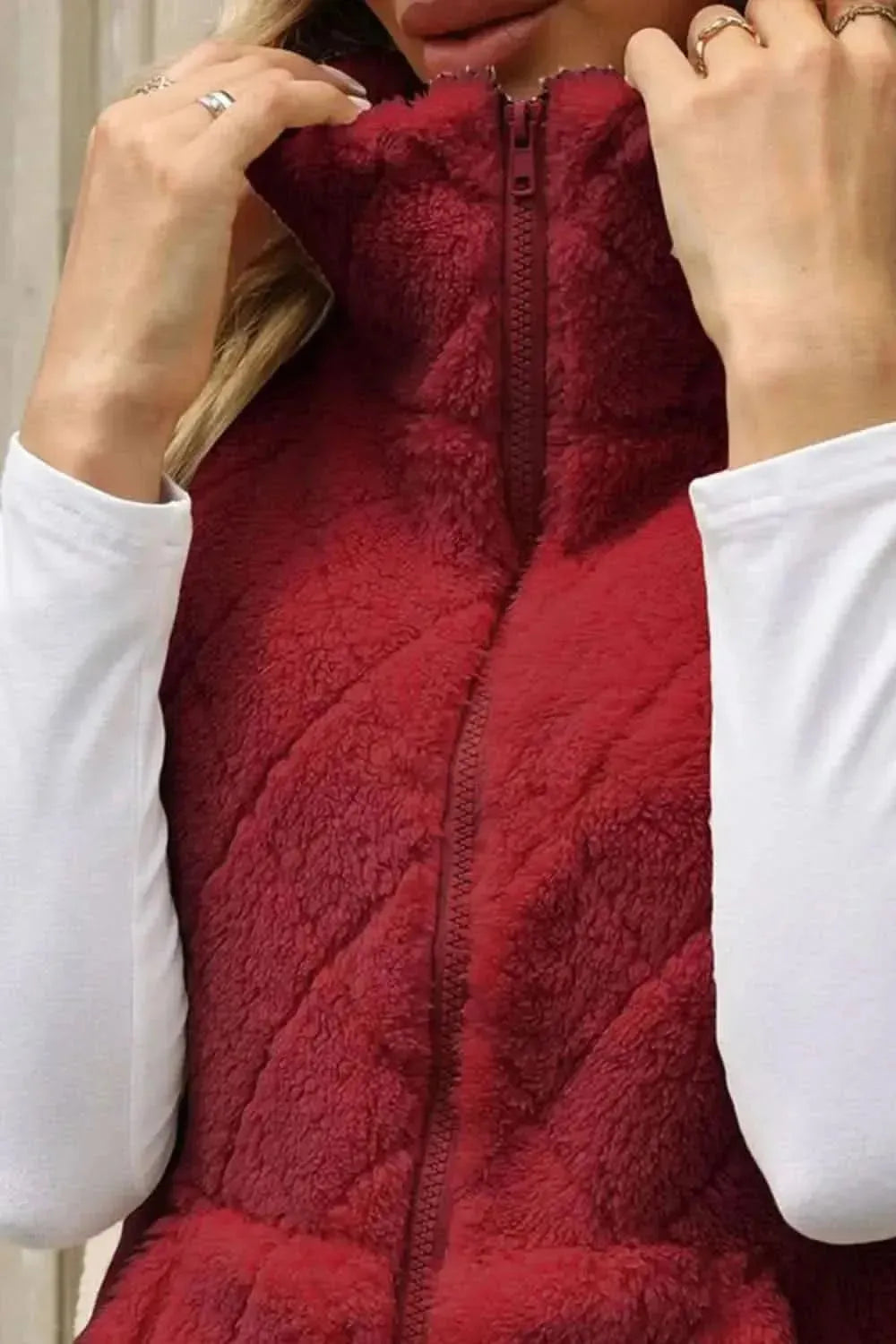 Fuzzy Plaid Texture Zip Up Vest Coat - Bad Moms Club