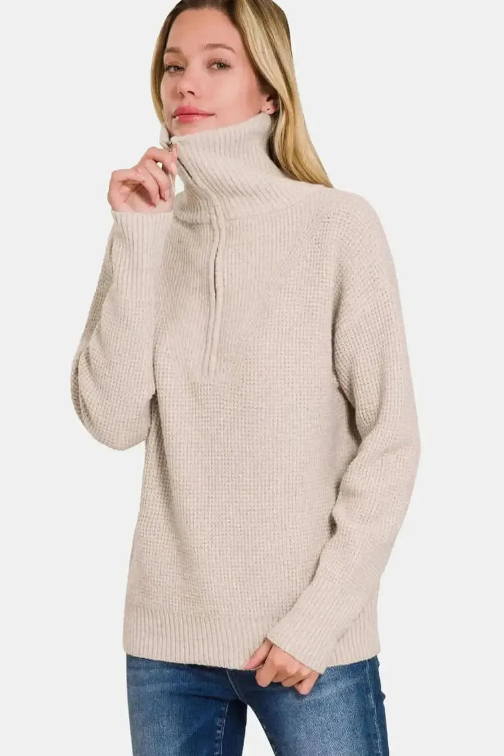 Zenana Half Zip Long Sleeve Sweater - Bad Moms Club