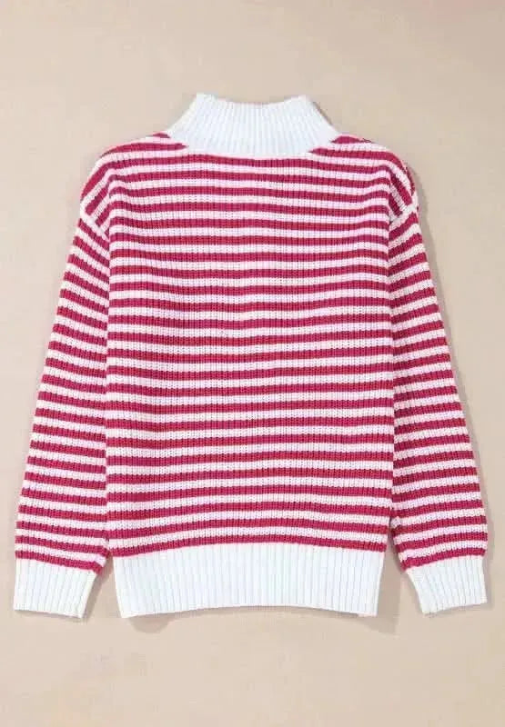 Striped Half Zip Mock Neck Long Sleeve Sweater - Bad Moms Club