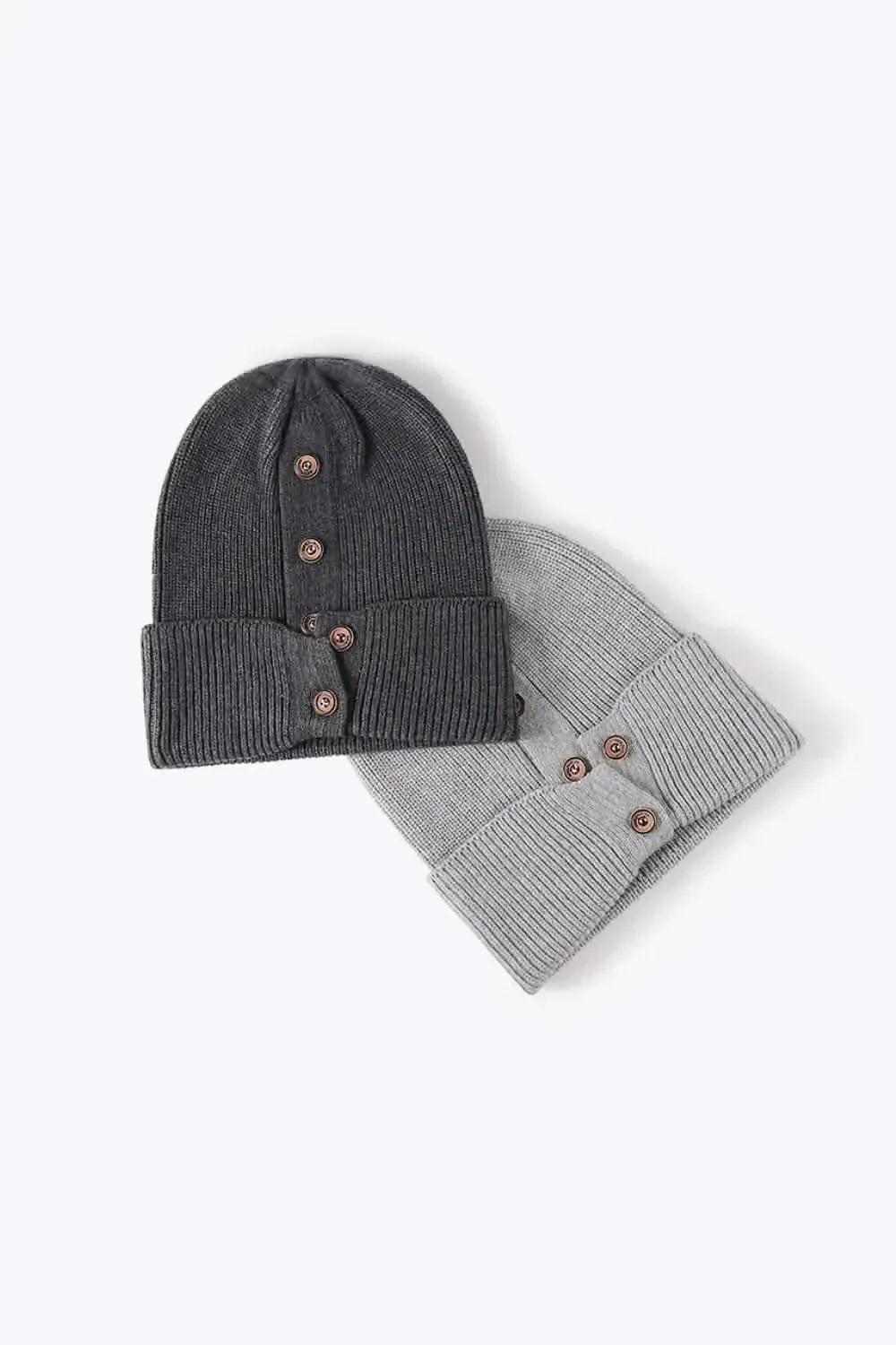 Button Detail Rib-Knit Cuff Beanie - Bad Moms Club