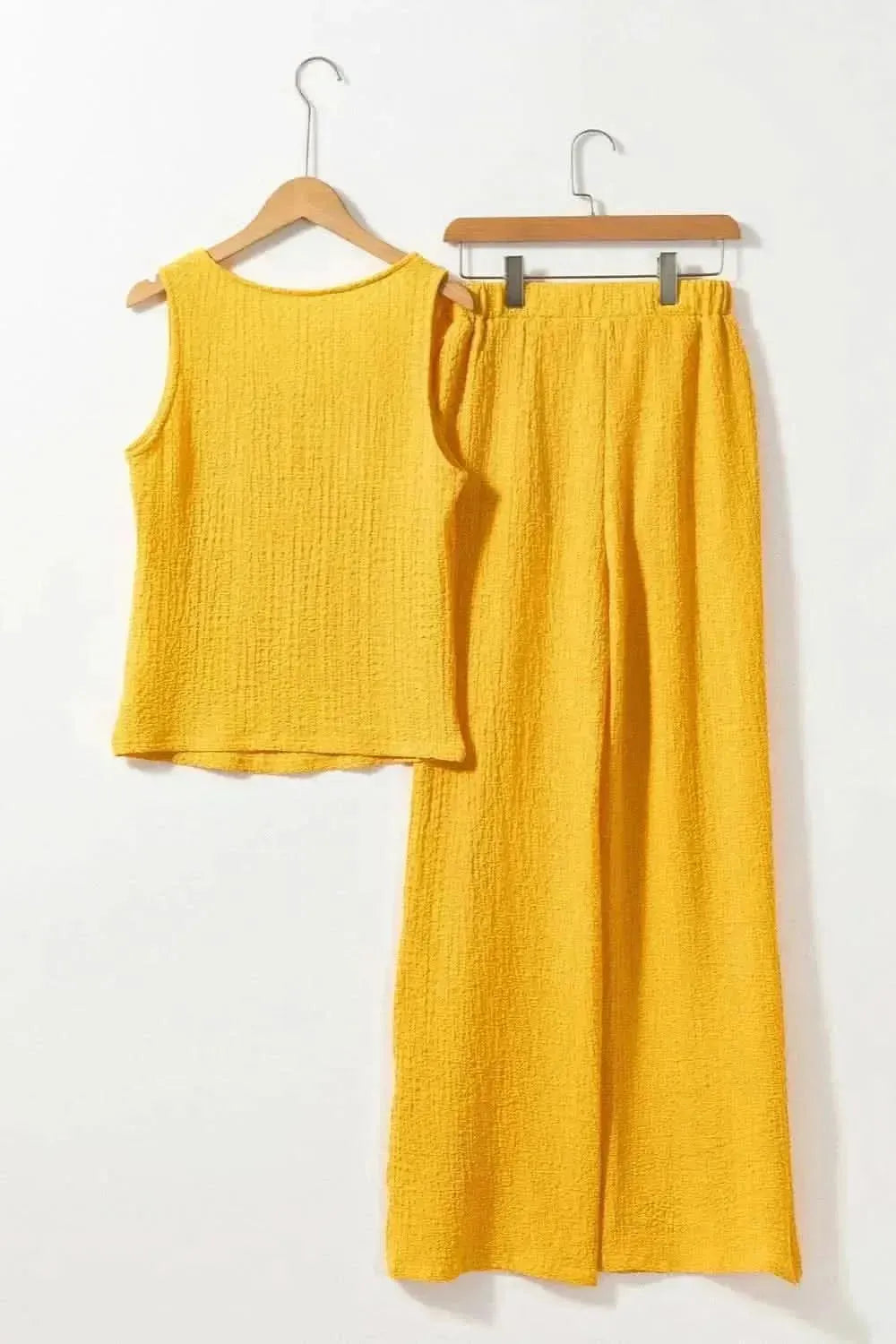 Textured Round Neck Top and Wide Leg Pants Set - Bad Moms Club