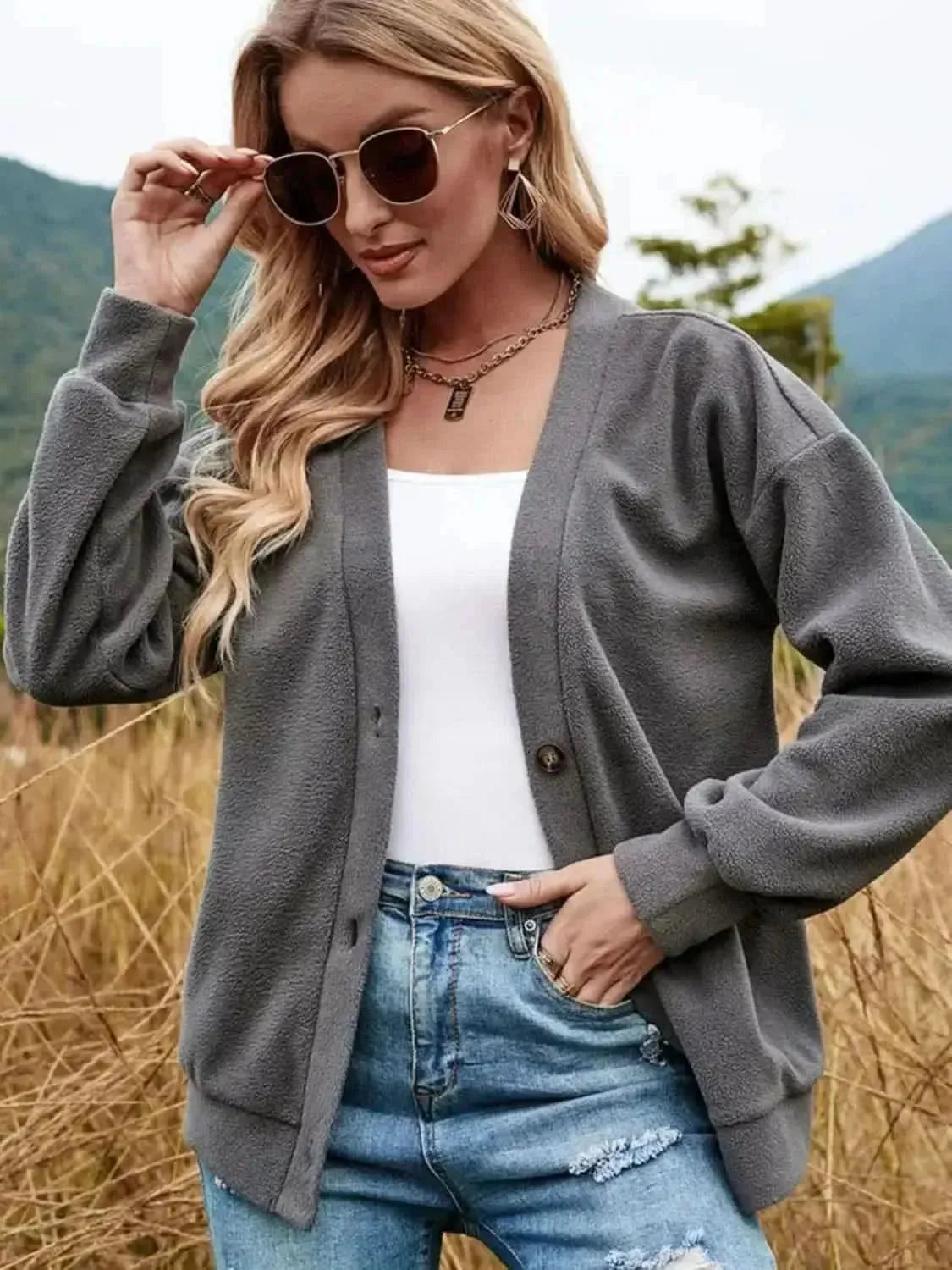 Shiny Button Down V-Neck Dropped Shoulder Jacket - Bad Moms Club