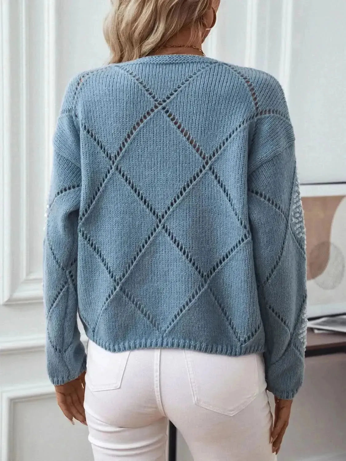 Openwork Round Neck Long Sleeve Knit Top - Bad Moms Club