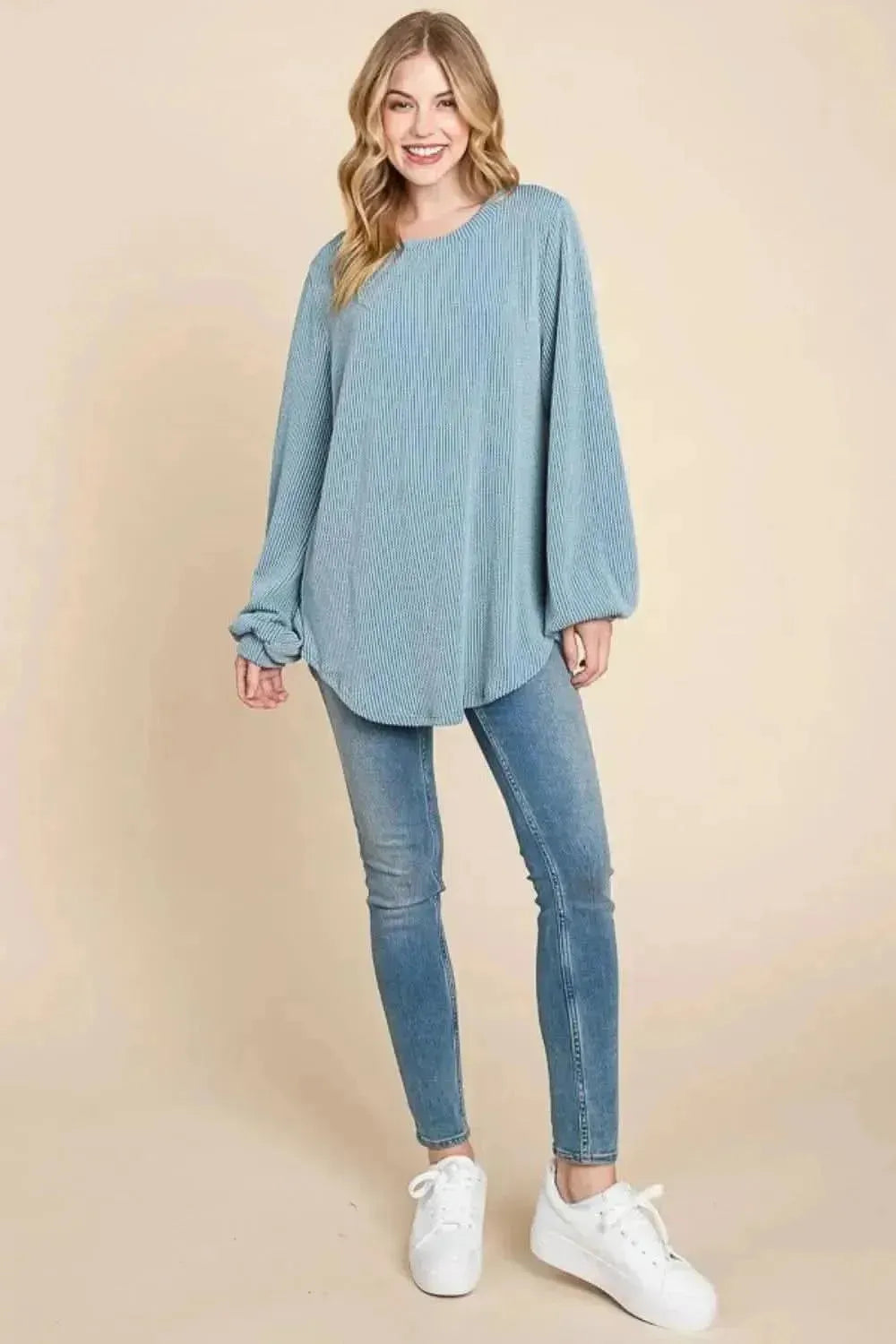 BOMBOM Long Sleeve Curved Hem Ribbed T-Shirt - Bad Moms Club