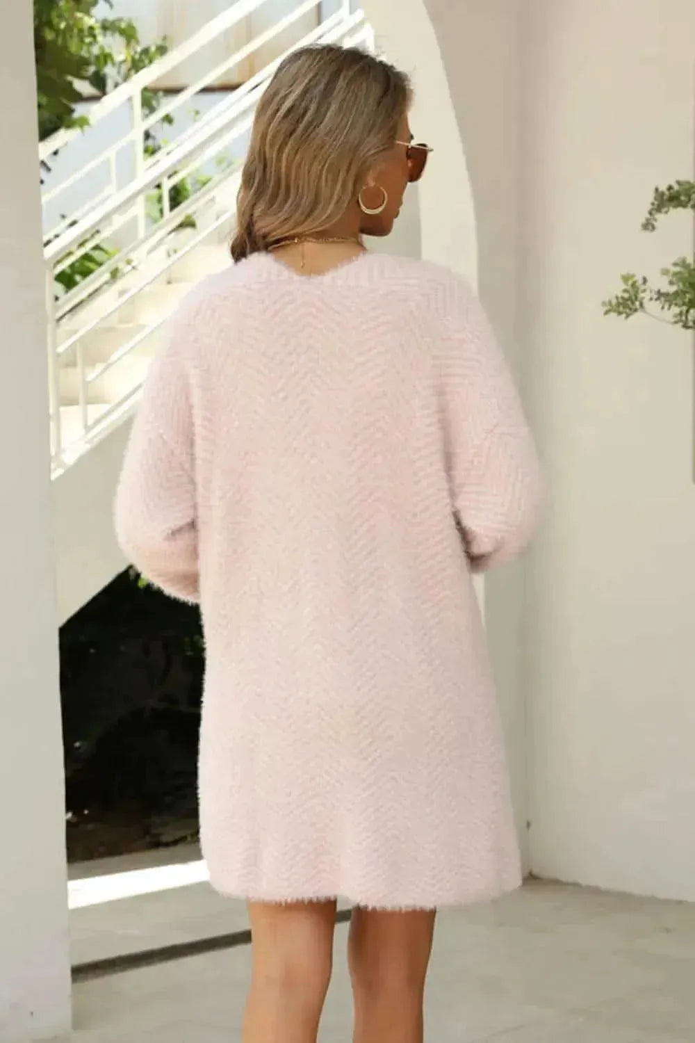 Herringbone Pattern Open Front Longline Fuzzy Cardigan - Bad Moms Club