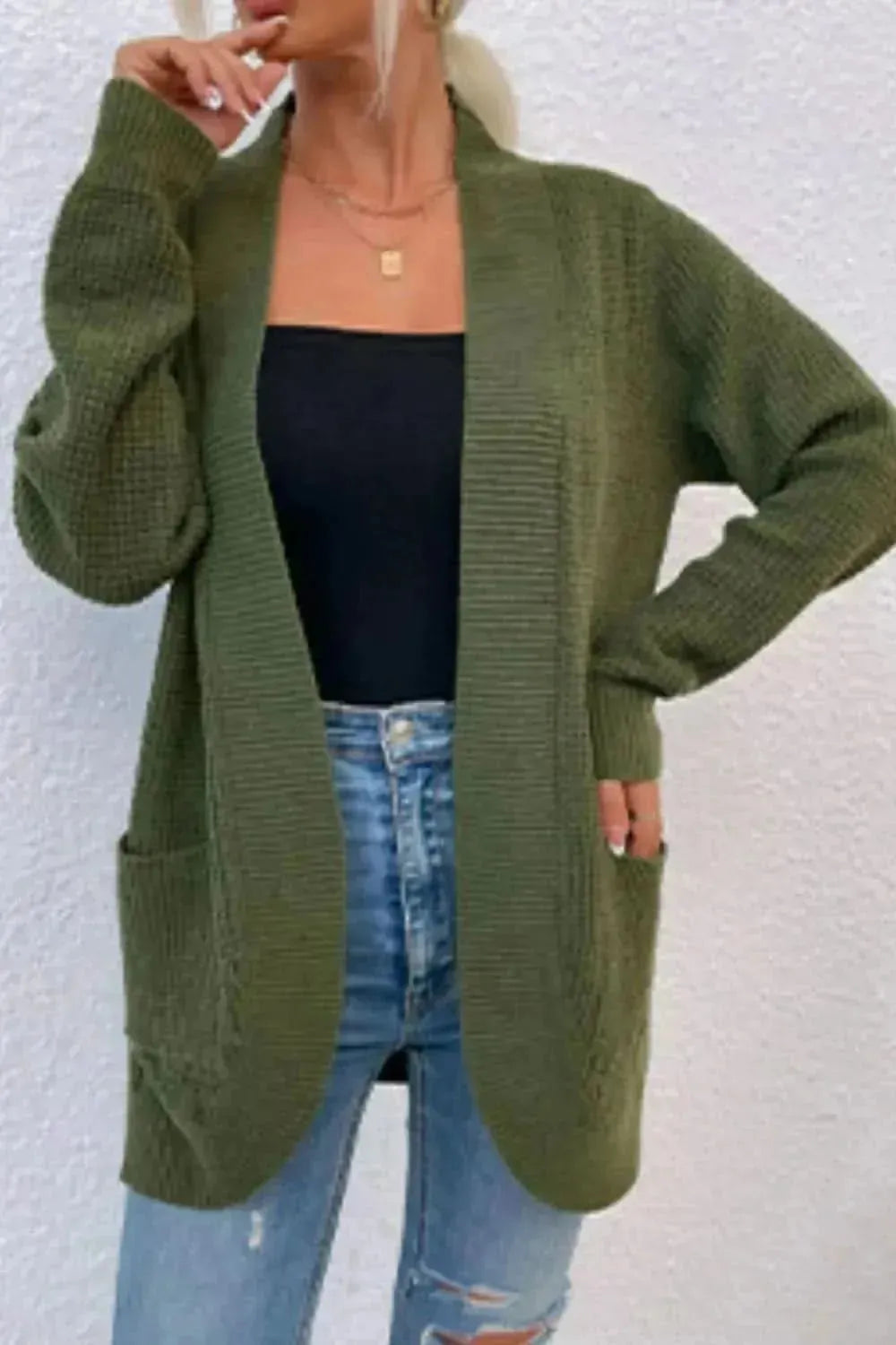 Open Front Rib-Knit Cardigan with Pockets - Bad Moms Club