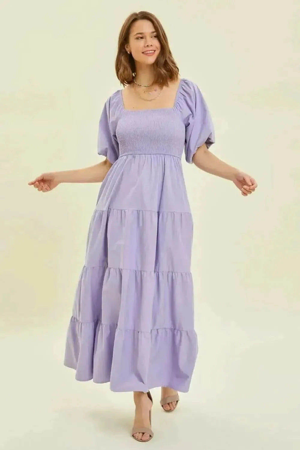 HEYSON Puff Sleeve Tiered Ruffled Poplin Dress - Bad Moms Club