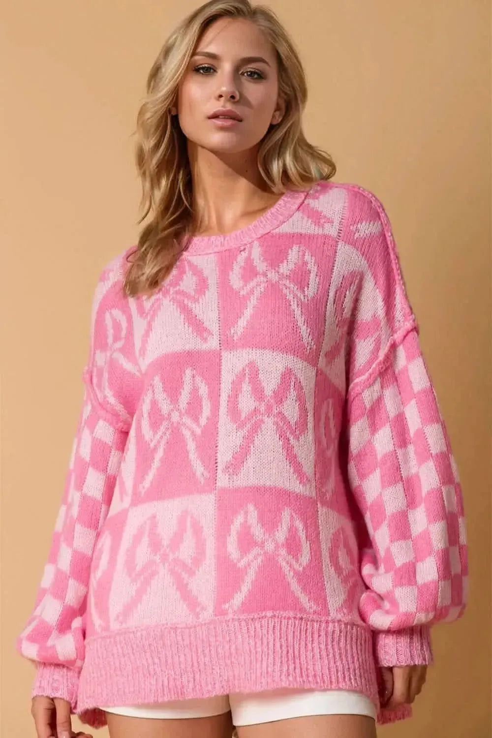 Double Take Full Size Checkered Bow Contrast Long Sleeve Sweater - Bad Moms Club