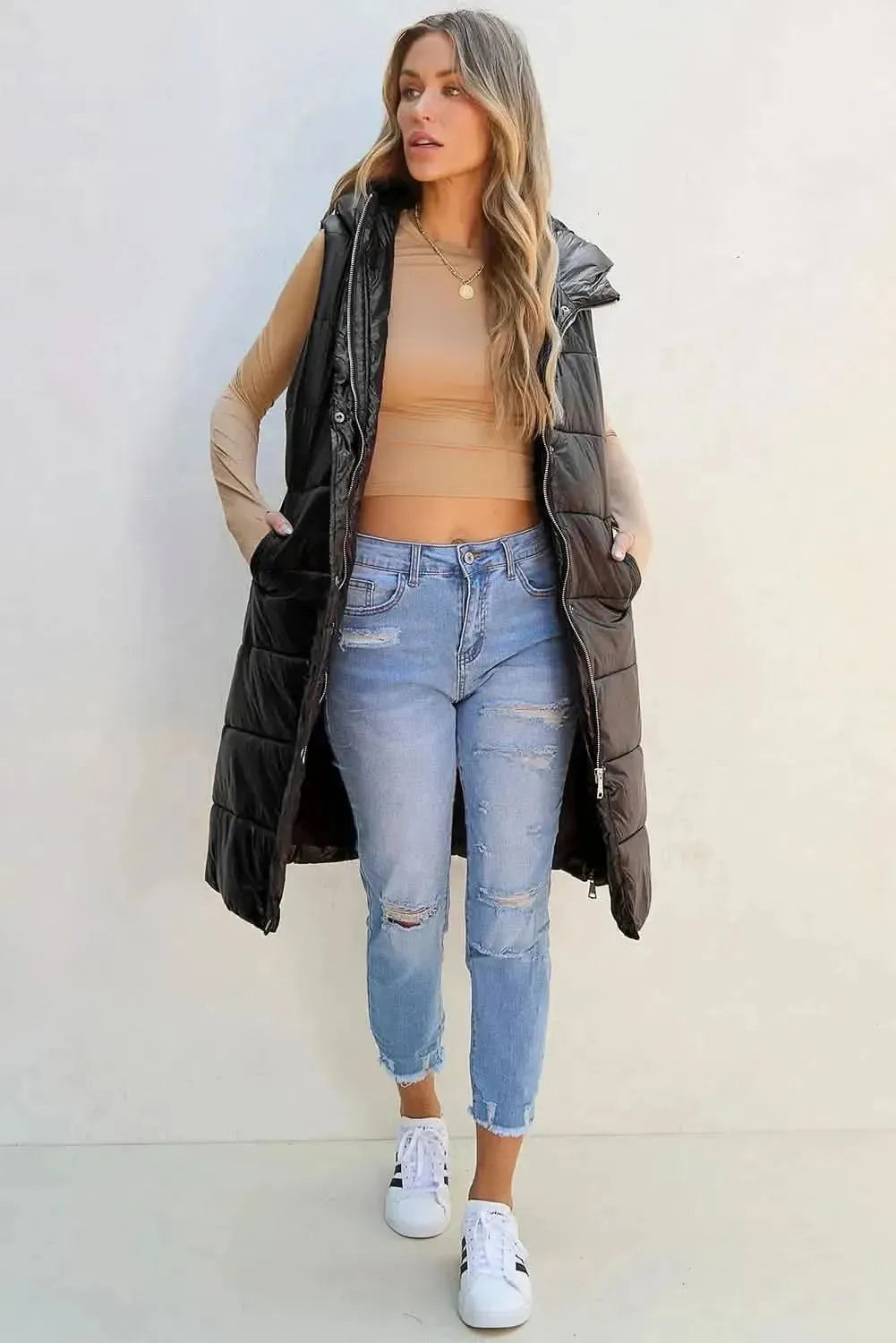 Longline Hooded Sleeveless Puffer Vest - Bad Moms Club